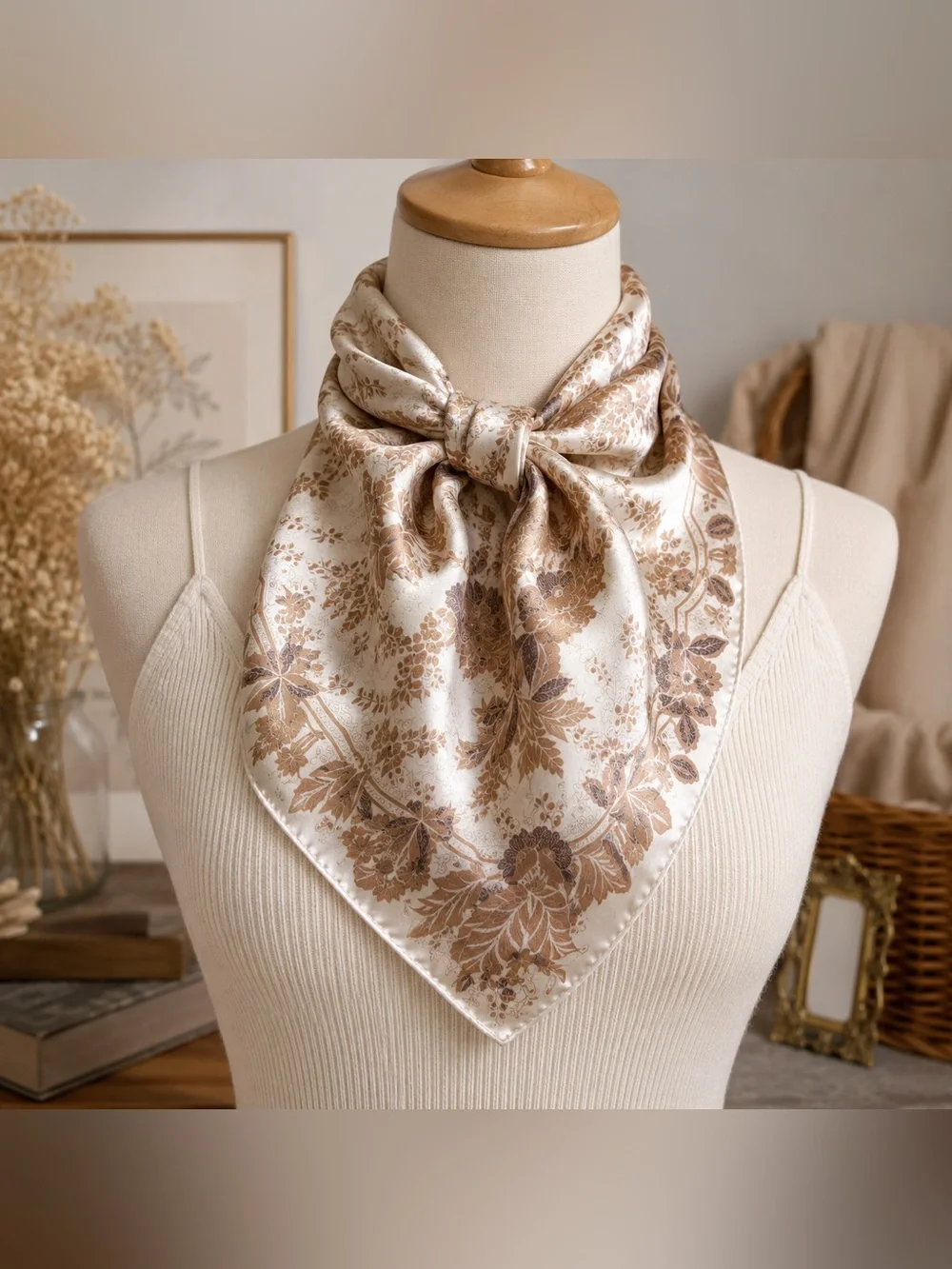 Smithsonian Heritage Collection Floral Satin Scarf 29” Ivory Tan Vintage Style